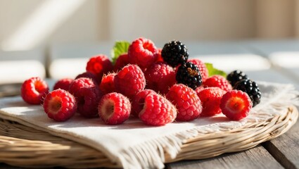 Fresh Raspberries and Blackberries in the Summer Sunlight.
