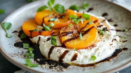 Delightful Peach Dessert with Creamy Base and Balsamic Drizzle: A Culinary Treat