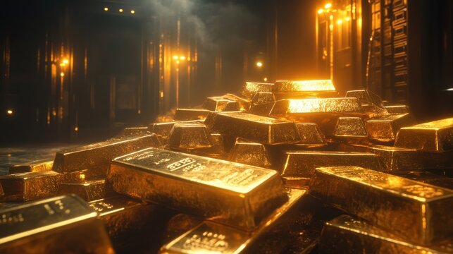 A large pile of gold bars glistening under bright lights in a vault, showcasing immense wealth and financial security, with a high-end, secure atmosphere