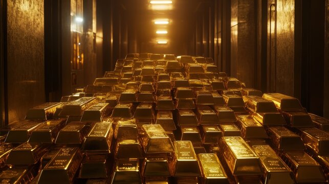 A large pile of gold bars glistening under bright lights in a vault, showcasing immense wealth and financial security, with a high-end, secure atmosphere