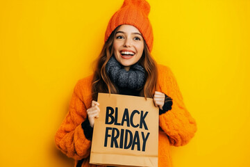Young woman with a happy face holding a paper bag in hands with the inscription "BLACK FRIDAY"