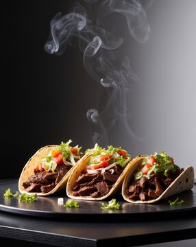 Delicious beef tacos filled with fresh toppings served on a dark table with smoky background.