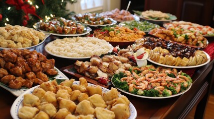 A multicultural Christmas dinner featuring foods from Asia, Africa, and Latin America, reflecting global holiday customs