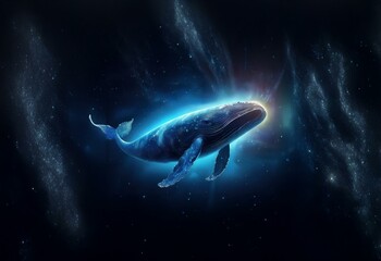 Fototapeta premium A whale swims through a dark blue, glittering space with streaks of light.