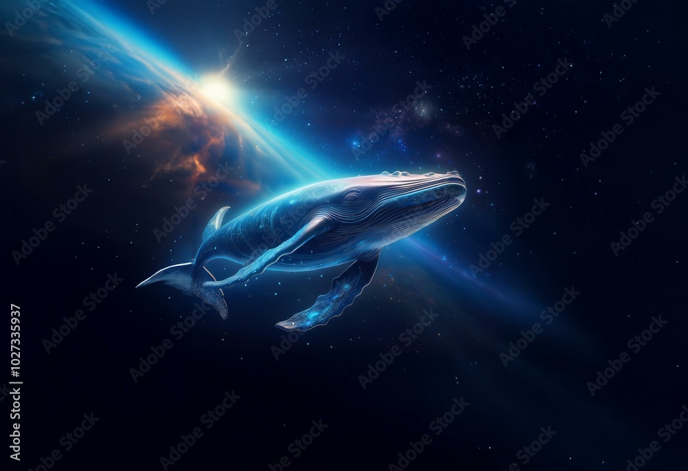 Poster A whale swims through a starry void, with the light of a distant sun illuminating the curve of a planet.