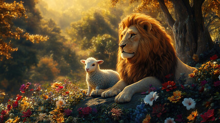 Obraz premium Lion and lamb sitting together in a vibrant garden