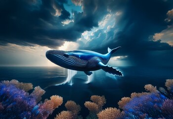 Obraz premium A blue whale leaps from the ocean, with a dramatic cloudy sky above and coral in the foreground.