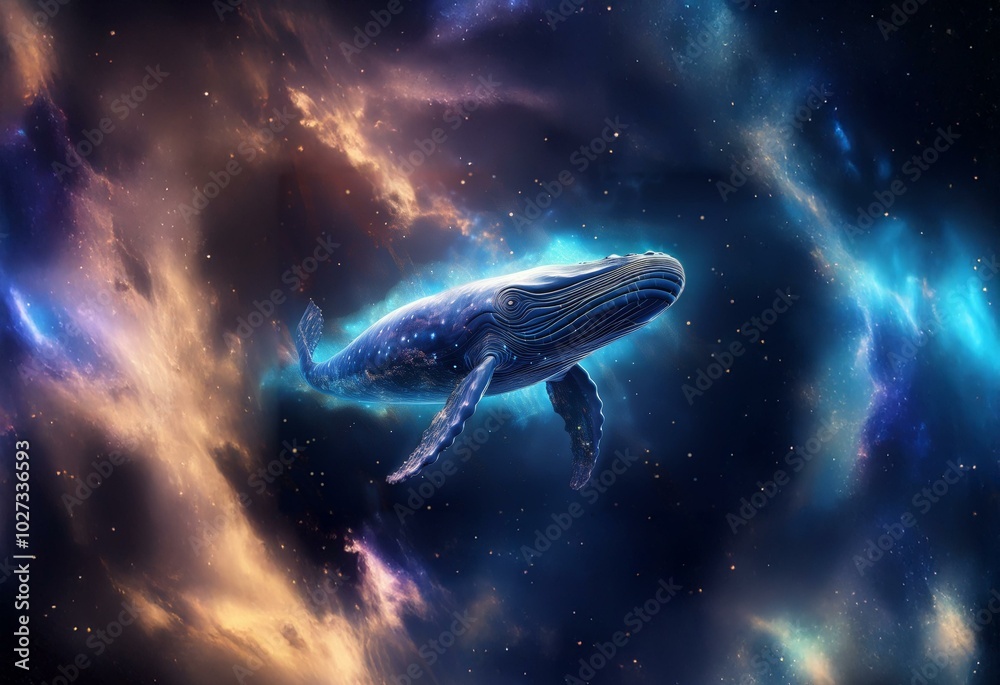 Poster a stylized whale swims through a field of stars and nebulae.