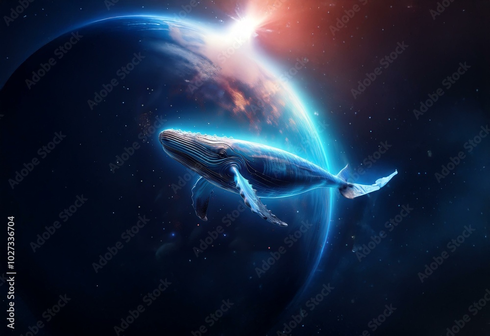 Poster a whale swims in front of a planet in the cosmos. the whale is made of glowing lines, and the planet