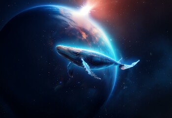 Naklejka premium A whale swims in front of a planet in the cosmos. The whale is made of glowing lines, and the planet is blue and white.