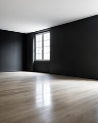 Empty Room with Wooden Floor Black Wall and Window.