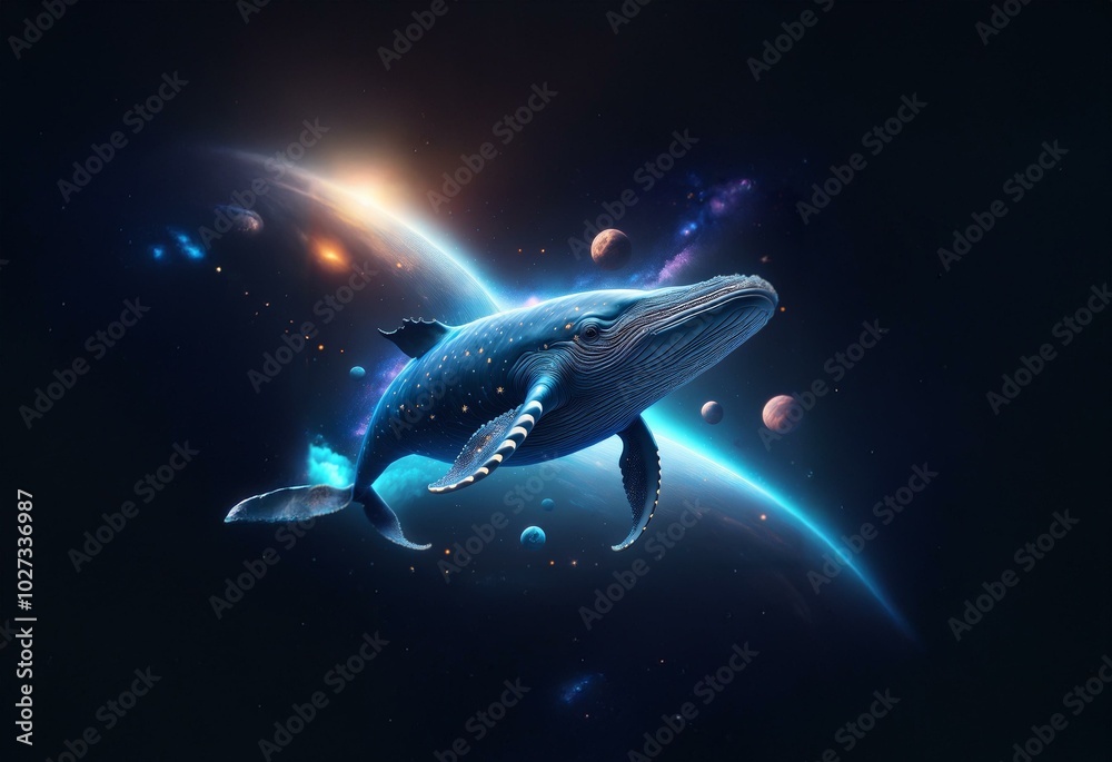 Poster a whale swims through space with a planet and stars surrounding it.