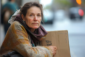 Older homeless woman sitting on the street holding a cardboard sign, conveying vulnerability, poverty, and hardship in an urban setting