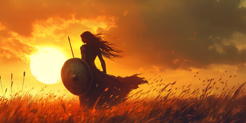 Silhouette of a warrior woman holding a shield, walking in a field at sunset, symbolizing strength and resistance