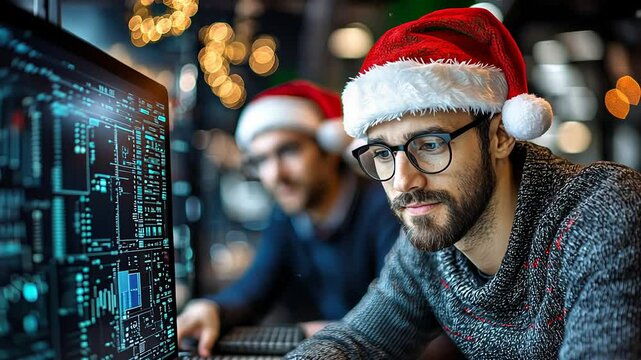 Programmers gather in a festive atmosphere, donning Santa hats while collaborating on projects amidst holiday decorations in December