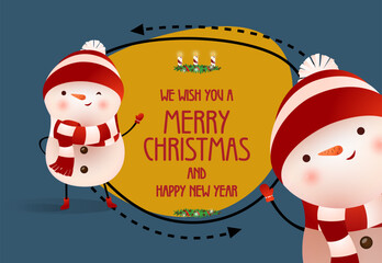 Christmas and New Year poster design. Joyful snowmen pointing at text on abstract background. Illustration can be used for banners, flyers, greeting cards