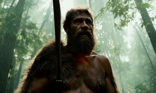 Primeval Caveman Hunting in Prehistoric Forest