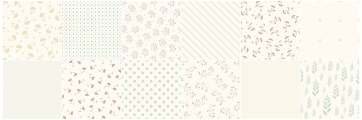 Collection of neutral seamless floral and geometric simple patterns - drawing design. Repeatable spring nature delicate backgrounds with flowers, dots and stripes. Textile endless prints