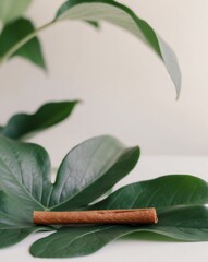 Obraz premium Cinnamon Stick Resting on Lush Green Leaves.