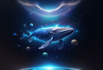 Obraz premium A blue whale swims through a starry void, surrounded by celestial bodies, and a swirling nebula.