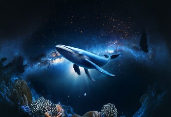 Fototapeta premium A blue whale swims through a dark blue ocean with a starry background.