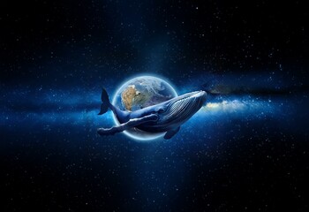 Naklejka premium A blue whale swims through space with a planet Earth as its moon.