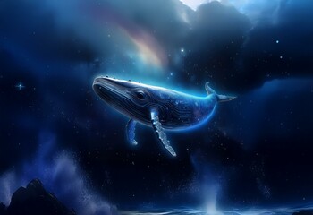 Fototapeta premium A glowing whale swims through a dark, starry sky, a cosmic wonder amidst celestial lights.