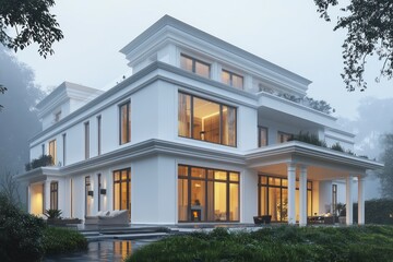 Luxurious white modern house with large windows, wooden details, and a warm interior glow, set in a foggy evening atmosphere