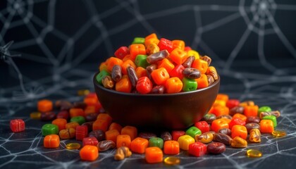Naklejka premium A bowl of colorful Halloween candy