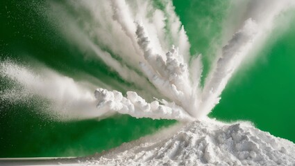 Explosive white powder blast on green background.