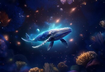 Fototapeta premium A blue whale swims through a deep blue space filled with stars, galaxies, and planets.