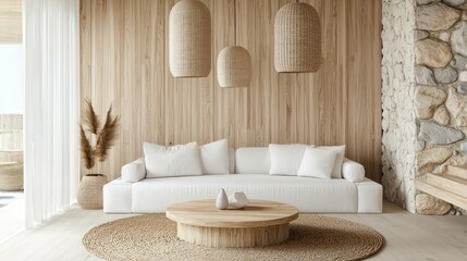 Minimalist interior design in living room with light wooden paneling, white sofa, round wooden coffee table, stone wall, and pendant lamps
