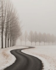 Obraz premium Foggy winter morning on a winding path surrounded by bare trees in a tranquil landscape.
