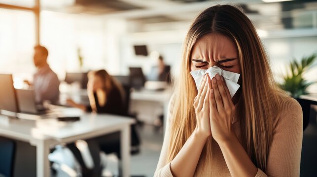 A woman sneezing into a tissue, standing in a brightly lit office, with her colleagues maintaining social distance, highlighting workplace health precautions