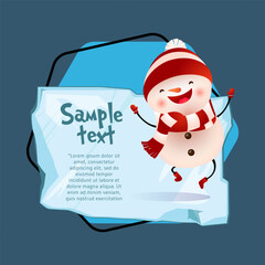 Christmas poster template. Cheerful snowman with sample text on piece of ice on blue background. Illustration can be used for banners, flyers, greeting card design