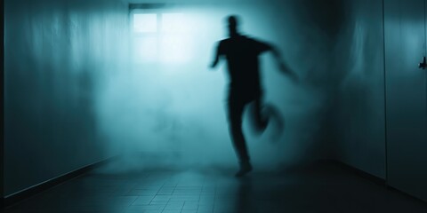 A silhouette of a person running through a dimly lit hallway with fog, symbolizing urgency, mystery, and suspense in an intense, dramatic atmosphere.