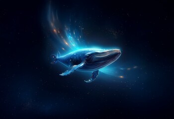 A blue whale swims in a dark cosmic space, surrounded by glowing streaks of light.