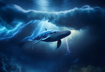 Fototapeta premium A blue whale swims through the water, beneath a stormy sky with lightning strikes.