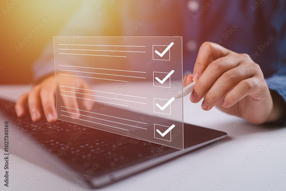 Poster checklist and clipboard task documentation management, business people working laptop checklist ques