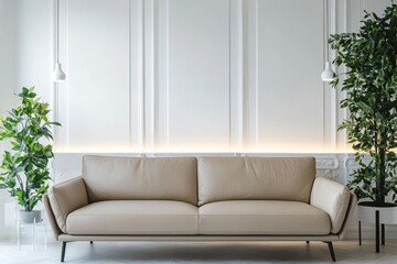 Modern and elegant living room with a beige leather sofa, white minimalist walls, and chic plant decor Subtle lighting adds ambiance