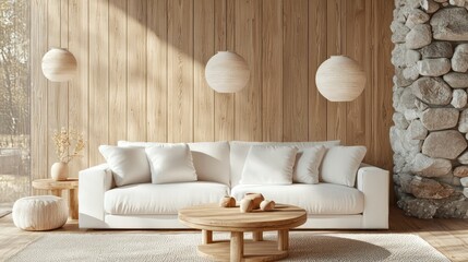 Modern and elegant living room with light wood paneling, white sofa, wooden round base coffee table, stone wall feature, and soft pendant lamps