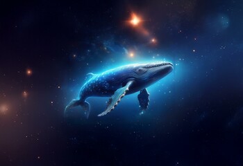 A blue whale swims through a dark, starry night sky.