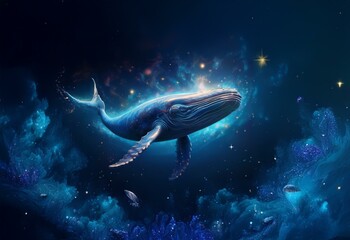 Obraz premium A blue whale swims through a dark blue space with white stars.