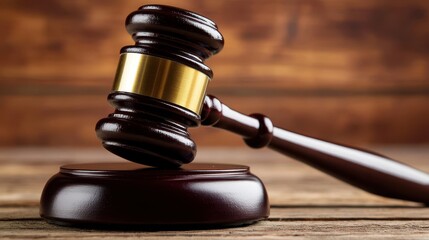 Judge gavel on wooden surface for legal judgment or auction