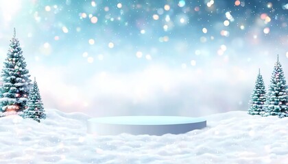 Empty podium stage set in a blurred winter landscape with snow and Christmas trees. Perfect for displaying products with ample space for presentations. Made with Generative AI Technology