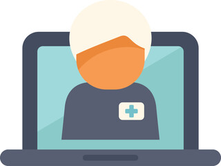 Doctor with a badge is attending an online consultation, providing healthcare remotely using a laptop