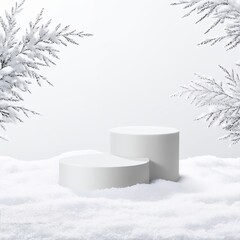 Empty White geometric-shaped podium on a snowy background in a winter scene. Perfect for cosmetic product presentation with ample copy space.. Made with Generative AI Technology
