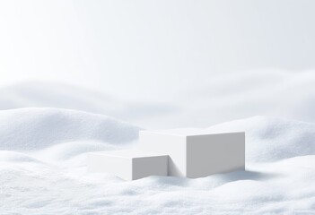 Empty White geometric-shaped podium on a snowy background in a winter scene. Perfect for cosmetic product presentation with ample copy space.. Made with Generative AI Technology