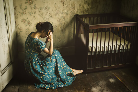Woman sitting on the floor next to an empty crib in a dimly lit room.