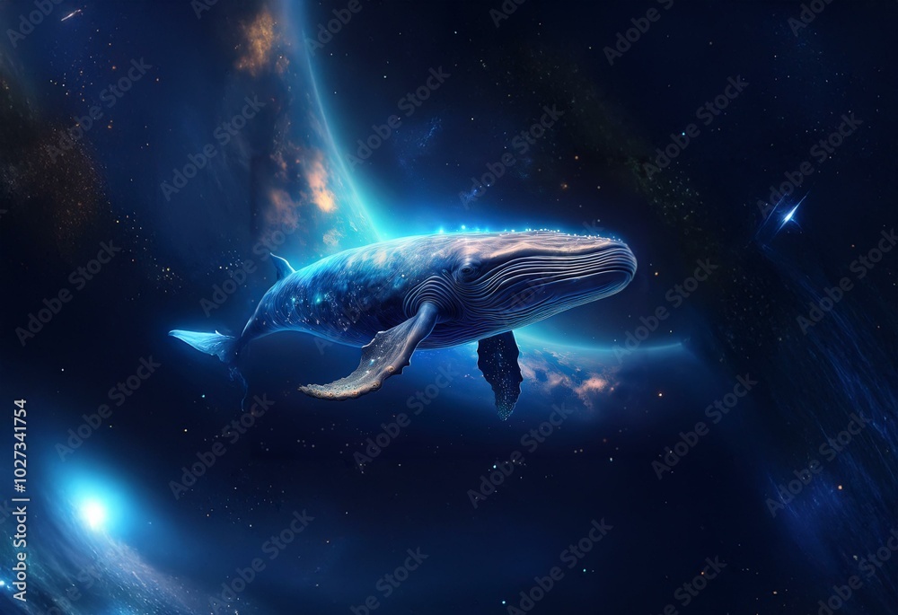Poster a whale swims through space with a planet in the background. its body is speckled with stars.
